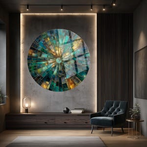 Sunburst Mosaic Glass Wall Art | Teal & Gold Radial Decor