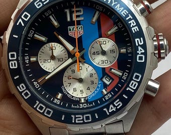 Rare Luxurious Look Two-Tone Chronograph 4 O'Clock Date Rotating-Bezel Stainless-Steel Bracelet Refurbished Wristwatch