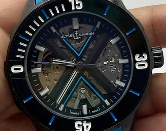 Beautiful Skeleton Look Ulysse Nardin Black Dial Rotating Bezel Rubber Strap Automatic Transparent Back Men's Refurbished Wristwatch