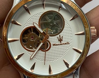 Beautiful Two-Tone Maserati Open-Heart Style White Dial Automatic Refurbished For Men's Gifting Wristwatch