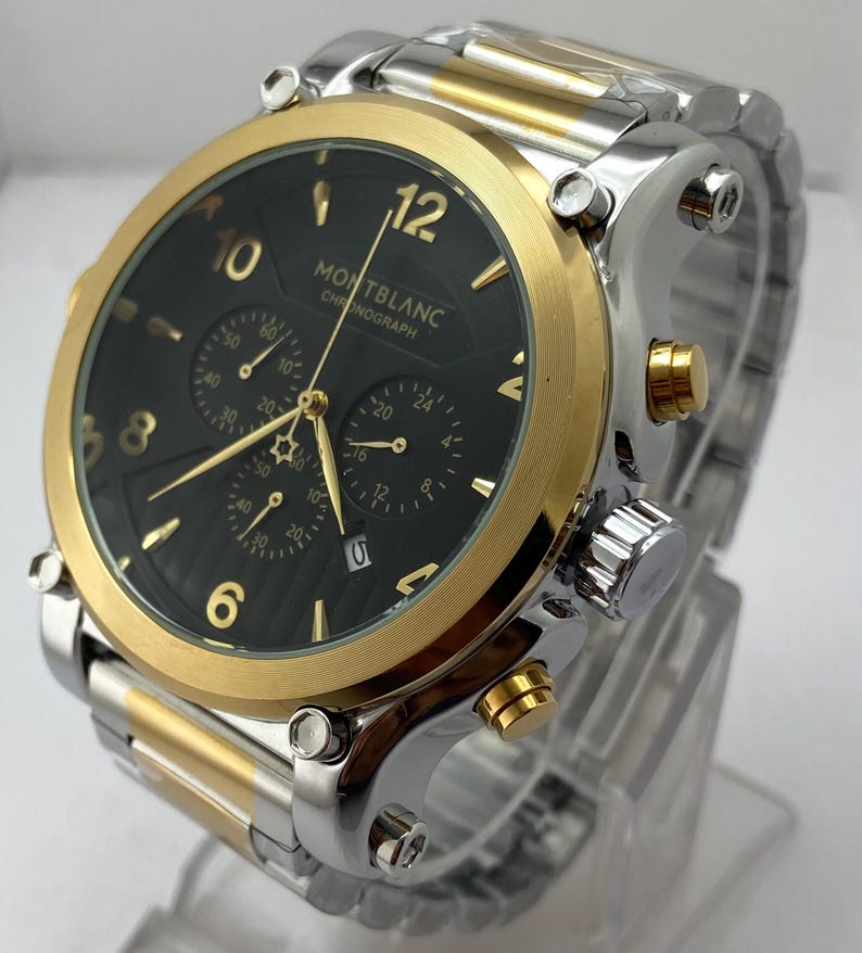 Luxury Inspired Two-Tone Montblanc Chronograph Black Dial Date Display Quartz Men's Refurbished Wristwatch zdjęcie 3