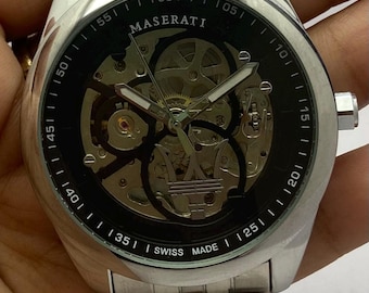 Vintage Rare Look Skeleton Style Maserati Automatic Black Dial Refurbished For Men's Wristwatch Gifted