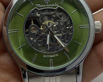 Beautiful Skeleton Look Maserati Green Dial Refurbished Automatic For Men's Wristwatch Gifted