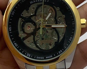 Rare Skeleton Style Two-Tone Maserati Black Dial Refurbished For Men's Automatic Wristwatch Gifted