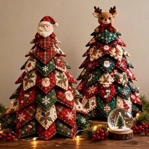 Può includere: Due decorazioni natalizie in tessuto a forma di albero, realizzate con strati di toppe triangolari trapuntate nei colori rosso, verde e crema. Un albero è sormontato da un Babbo Natale in peluche, l'altro da una renna. Motivi festivi.