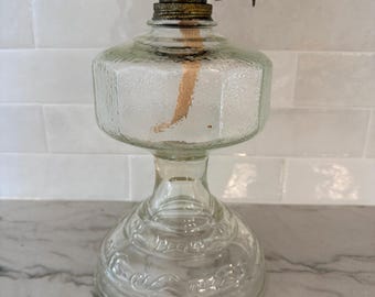 Vintage Large Clear Glass OIL LAMP with Pedestal Floral Etching