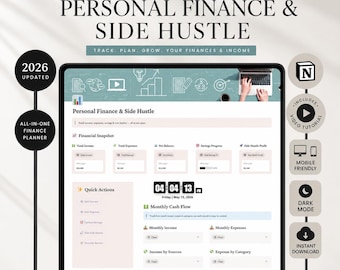 Personal Finance Side Hustle Notion Template, Budget Planner, Expense Tracker, Savings Dashboard, Income Manager Digital