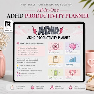 Może przedstawiać: Cyfrowy planer produktywności ADHD na tablecie. Planer zawiera sekcje dotyczące codziennego skupienia, wyrzucania myśli, śledzenia nawyków i dbania o siebie. Na ekranie widnieje tekst "ADHD Productivity Planner" i "All-In-One".