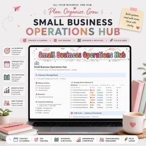 May include: A laptop displays the "Small Business Operations Hub" interface, with a coffee cup and books nearby. The image includes text such as "Plan. Organize. Grow." and "Strategy & Planning."