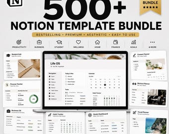 500+ Notion Template Bundle, Life OS Planner, Business Student Finance Wellness Dashboard, All In One Digital Productivity