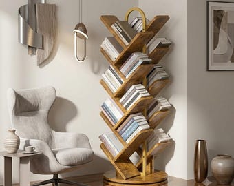 Rotating Tree Bookshelf, 16-Tier Rustic Wooden Bookcase, Spinning Storage Rack