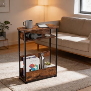 May include: A rustic brown side table with black metal frame. The table has three shelves, holding a gray mug, headphones, a tablet, books, a water bottle, and a small plant. The table is placed on a light-colored rug near a sofa.