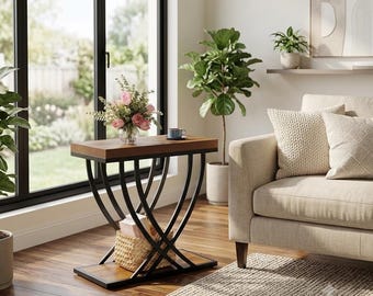 Rustic Industrial 2-Tier Narrow End Table, Wood Metal Sofa Side Nightstand