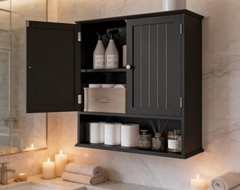 Black Wall Mounted Bathroom Cabinet with Doors & Open Shelf | Space Saving Wooden Storage Organizer | Modern Medicine Cabinet