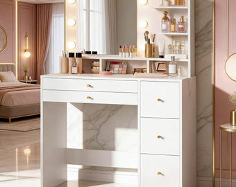 White Vanity Desk with Mirror & Lights, 34” Makeup Table with Power Outlet, 5 Drawers and Storage Shelves for Bedroom Dressing Area