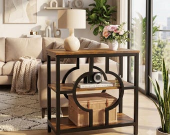 Rustic Narrow End Table with 3-Tier Storage Shelves, Industrial Wood Side Table, Metal Frame Nightstand for Living Room & Bedroom