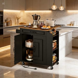 May include: A black kitchen island on wheels with a wooden countertop. The island features a drawer, cabinet doors, and open shelving. It holds a coffee maker, toaster, jars, and baked goods. The island is in a modern kitchen with marble countertops.