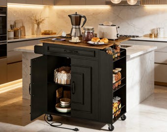 Rolling Kitchen Island Cart with Drop Leaf, Power Outlets, Storage Drawer, Spice Rack