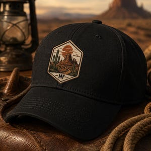 May include: A black baseball cap featuring a hexagonal embroidered patch on the front. The patch displays a desert landscape with cacti, a large sun, rock formations, and the letters MF printed at the bottom center of the design.