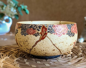Floral Kintsugi Tea Bowl – Handmade Japanese Ceramic Bowl