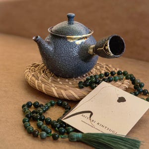 Restored Rare Kintsugi Taiwanese Teapot – Dark Blue Ceramic, Gold Repair, Unique Tea Lover Gift