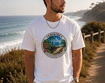 Ebike Tropical Beach White Graphic Tee | Healing Happens Outdoors Cyclist Unisex Cotton Tshirt