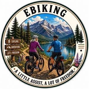 May include: Circular sticker with the word "EBIKING" at the top. The image depicts a couple riding e-bikes on a trail with a mountain and lake backdrop. Text on the sticker reads "A LITTLE ASSIST, A LOT OF FREEDOM."