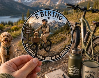 Sticker E Biking met hond rond 3x3