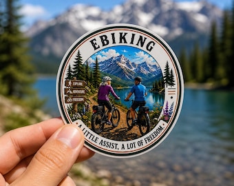Sticker avontuur e-bike, rond vinyl: 3 x 3 inch