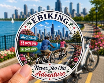 E-Biking Adventure-sticker, Active Senior E-bike-sticker, rond 3 x 3