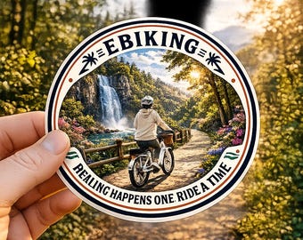 E-bikesticker, e-bike-avontuur voor senioren, natuur in de buitenlucht, genezing ronde sticker 3 x 3