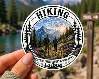Sticker bergwandelen, MountainWildflowers & Open Skies, cadeau voor natuurliefhebbers, wandelpaar