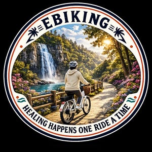 Może przedstawiać: Okrągły wzór z napisem "EBIKING" na górze i "HEALING HAPPENS ONE RIDE A TIME" na dole. Obrazek w środku przedstawia osobę jadącą rowerem elektrycznym ścieżką w pobliżu wodospadu. Tło przedstawia bujny krajobraz z drzewami i kwiatami.