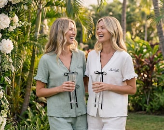 Personalized Bridesmaid Pajama Set, Custom Ruffle Gauze PJs for Wedding Morning & Bachelorette Weekend