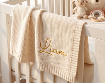 Couverture tricotée avec nom personnalisé, couverture nouveau-né en coton doux personnalisée pour cadeaux de chambre d'enfant et de bébé