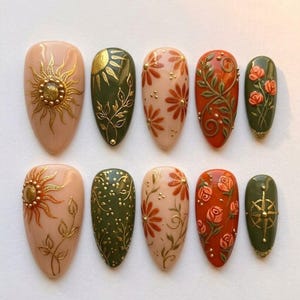 Boho jordfärgade press-on naglar, solblommiga nagelset, terrakottagröna vintagenaglar, handgjort set med konstnärliga gulddetaljer