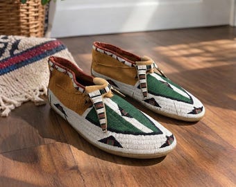 Southwestern Style Beaded Moccasins | Handmade Western Suede Leather Beadwork Shoes | Powwow Regalia Festival Footwear