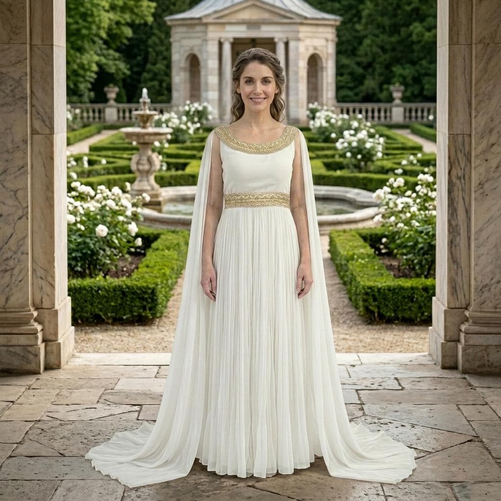 roman dress white and gold White Designer Roman Fabric Gown with Multicolor Thread &