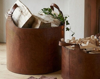 Cesto porta legna in vera pelle fatto a mano / Porta legna rustico per camino / Cesto decorativo per la casa in stile vintage
