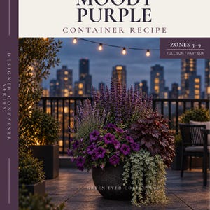 Puede incluir: Un documento digital titulado Moody Purple Container Recipe de Green Eyed Collective. Muestra una maceta redonda oscura llena de petunias moradas, salvia morada alta y follaje plateado colgante, frente a un horizonte urbano borroso de noche.