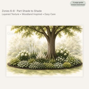 May include: A 3-page White Woodland Garden Plan guide featuring text: Zones 6-8, Part Shade to Shade, Layered Texture, Woodland Inspired, Easy Care. The illustration shows a large tree surrounded by white flowering shrubs, ferns, and hostas.