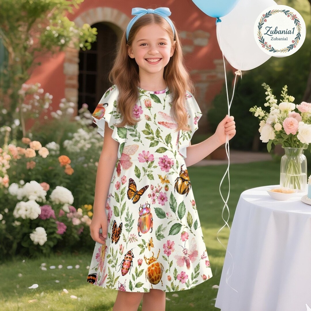 Botanical Bug Girls Ruffle Skirt, Butterfly Beetle Floral Skirt ...