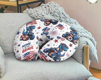 T-Rex Monster Truck Neck Pillow, 4th of July USA Travel Pillow, Patriotic Dinosaur Kids Pillow, American Flag Dino Car Pillow Gift