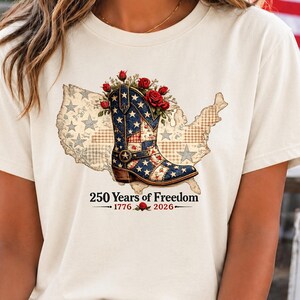 USA 250 Cowboy Boot Top, Faux Patchwork Patriotic Western Graphic, 250 Years of Freedom Gift, 4th of July Cowgirl Boot, 1776 2026 Tee