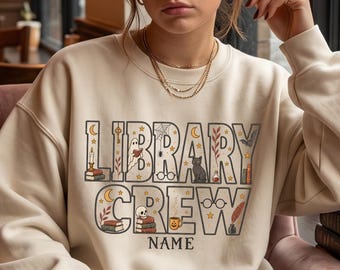 Custom Library Crew Sweatshirt, Personalized Librarian Crewneck, Spooky Bookish Pullover, Teacher Gift, Halloween Reading Aesthetic Sweater