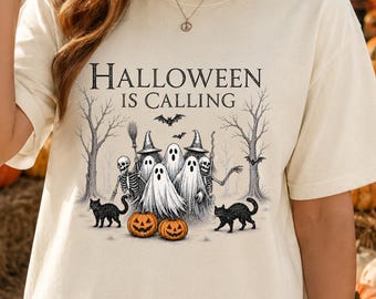 Halloween Is Calling, Vintage Ghost Shirt, Spooky Forest Tee, Skeleton Ghost Tee, Witch Halloween Gift