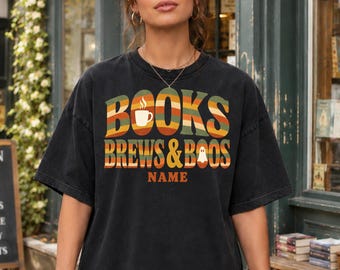 Books Brews and Boos Shirt,Custom Bookish Halloween Tee,Comfort Colors Reading Gift,Vintage Ghost Coffee Apparel,Retro Fall Bookworm Shirt