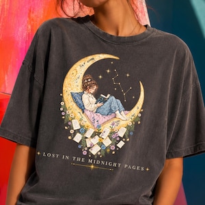 Lost in the Midnight Pages, Bookish Gift for Her, Celestial Bookworm Shirt, Fantasy Booktok Tshirt, Midnight Reader Comfort Colors