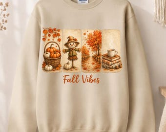 Fall Vibes Autumn Collage Sweatshirt, Pumpkin Scarecrow Cozy Fall Crewneck, Coffee Book Sweater, Autumn Aesthetic Gift