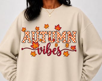 Autumn Vibes Checkered Maple Leaf Sweatshirt, Cozy Fall Crewneck, Gildan 18000, Thanksgiving Season Gift